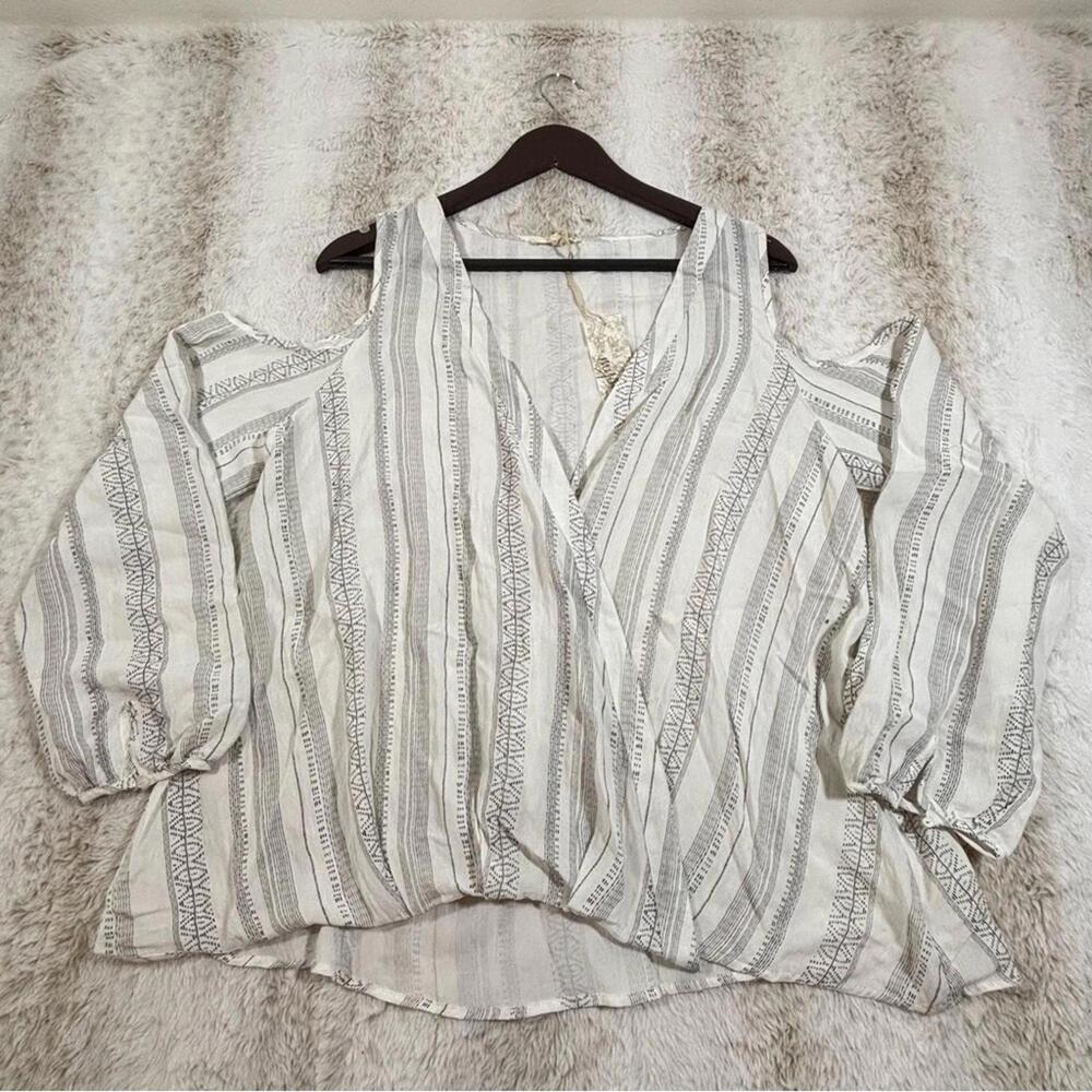 Mystree Cold Shoulder Striped Wrap Blouse Boho Peasant Top Size L